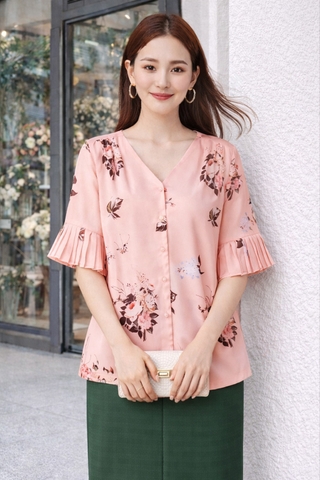 Áo Katosa 1 Màu Tay Áo Dập Ly Phối Họa Tiết-KTS2300104A