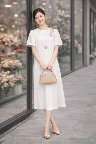 Đầm Katosa Linen Tay Phồng Thêu Chuồn Chuồn-KTS32202242