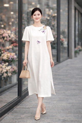 Đầm Katosa Linen Tay Phồng Thêu Chuồn Chuồn-KTS32202242