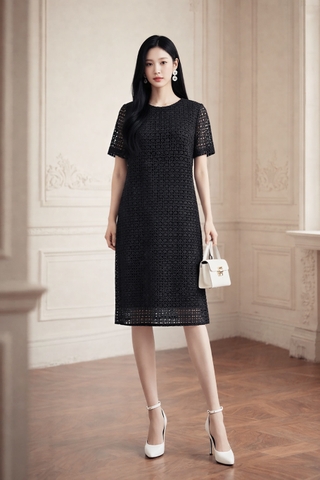 Đầm Katosa ren ô vuông đen-KTS32409243