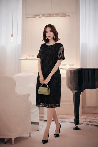Đầm Katosa ren ô vuông đen-KTS32409243