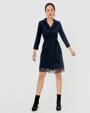 Đầm Vest Mentosa Tay Dài Dây Đai Tà Phối Ren - L2811181218