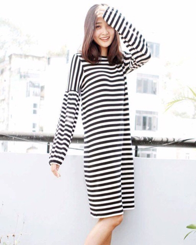 Đầm Gap thun sọc tay dài bo tay T1808080918
