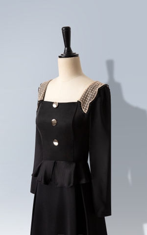 Đầm Xòe Katosa Tay Dài Phối Ren 1 Màu Đen-TPSXD050823