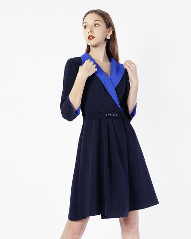Đầm Vest Ck Tay Lở Dây Eo Phối Vải Xanh-V2111121218