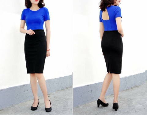 Đầm thun khoét lưng tay con phối đen xanh M&S-P2606070717