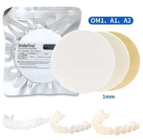 TẤM NHỰA ÉP hàm veneer dán. Đóng gói 10 tờ/túi, hình tròn đường kính 125mm, độ dày 1mm, màu A2