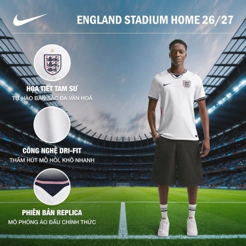 Áo Đá Bóng Nam Nike Dri-Fit Sân Nhà ĐT Anh Stadium 26 Replica