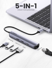 Ugreen 5-trong-1: USB-C to HDMI 4K/60Hz, USB 3.0*2, RJ45 & PD Ultra Slim - Model 10919