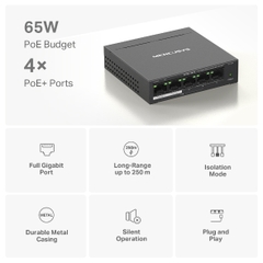 Switch Để Bàn 5 Cổng Gigabit với 4 Cổng PoE+ Mercusys MS105GP
