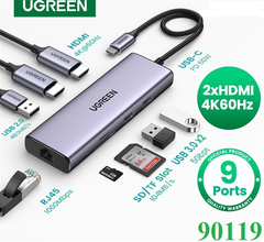 Bộ chuyển đổi Ugreen 90119 4K 60Hz 60w PD Type C sang 2×USB 3.0 + 1×USB 2.0 + 2×HDMI + gigabits LAN RJ45 1000M + SD + TF