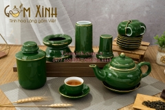 Bộ trà dáng Chuông men Ngọc Lục Bảo vàng kim kèm phụ kiện