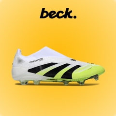 Giày Bóng Đá Adidas Predator 25 Elite Laceless Trắng Xanh Chuối Vạch Đen Không Dây FG