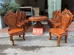 Bộ bàn ghế ăn vòm 10 ghế đục 2 mặt hoa lá tây ván tràn gỗ gõ đỏ