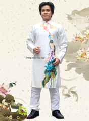 Cho thuê áo dài nam cách tân trắng in sen đẹp, chất lượng, giá rẻ