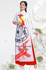Cho thuê trang phục áo dài nữ trắng bản đồ Việt Nam lụa mịn, đẹp, co giãn, chất lượng