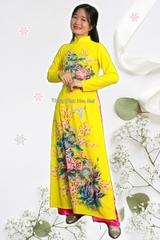 Cho thuê áo dài truyền thống nữ vàng in hoa cúc đẹp, chất lượng