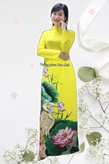 Cho thuê áo dài nữ truyền thống vàng hoa sen 3D đẹp, chất lượng