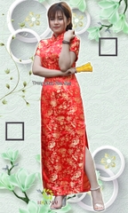 Cho thuê trang phục sườn xám nữ dài gấm đỏ hoa vàng đẹp, chất lượng