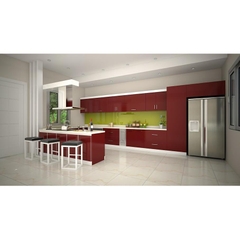 Tủ bếp inox cánh acrylic màu đỏ chữ I Tủ bếp inox cánh acrylic màu đỏ chữ I