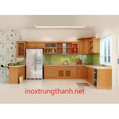 Tủ bếp inox cánh gỗ xoan đào góc L