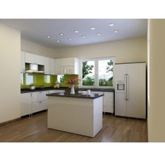 Tủ bếp inox cánh màu trắng chữ L có bếp đảo Tủ bếp inox cánh màu trắng chữ L có bếp đảo