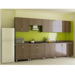 Tủ bếp inox cánh acrylic vân gỗ nâu Tủ bếp inox cánh acrylic vân gỗ nâu