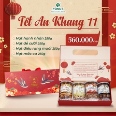 SET QUÀ 11 ( Gồm hộp quà, hạt dẻ cười, hạt macca, hạt điều rang muối, hạt hạnh nhân )