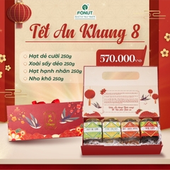 SET QUÀ 8 ( Gồm hộp quà, hạt dẻ cười, xoài sấy dẻo, hạt hạnh nhân, nho khô )