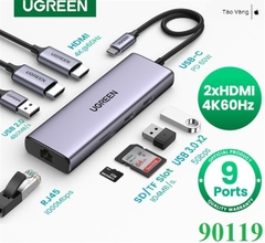 Thiết bị mở rộng 9 in 1 USB Type-C ra 2 cổng HDMI/USB/LAN Gigabit/PD 60W/SD/ TF Ugreen 90119 cao cấp