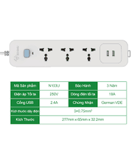 Ổ Cắm Điện Gongniu 3 Ổ Đa Năng + 2 USB 1 Công Tắc – Công Suất 10A/250/2500W – Trắng – Chính Hãng (N103U)