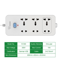 Ổ Cắm Điện Gongniu 6 Ổ Đa Năng 1 Công Tắc – Công Suất 10A/250/2500W – Trắng – Chính Hãng (N1330)