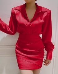Set áo váy kiểu áo sơmi tay dài phối chân váy ôm ngắn ( Đỏ)
