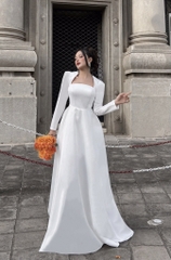 Đầm dạ hội cô dâu tay dài cổ vuông cúp ngực