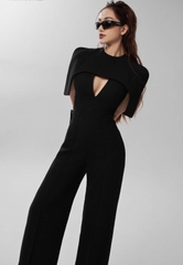 Jumpsuit dài ống suông xẻ ngực phối tay liền