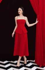 Đầm xòe kiểu hai dây chân váy xếp ly (Đỏ)