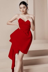 Đầm ôm body cúp xẻ ngực phối bèo dài eo dự tiệc ( Đỏ tươi)