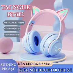 Tai nghe chụp tai BT612 kết nối bằng Bluetooth với thiết kế tai mèo dễ thương có thể gấp gọn tiện lợi kèm theo đèn led RGB
