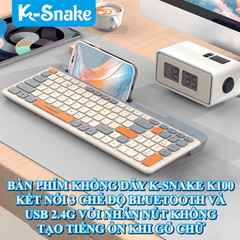 Bàn phím không dây K-SNAKE K100 kết nối không dây 3 chế độ Bluetooth và USB 2.4G thiết kế 100 phím phối màu hiện đại với nút nhấn không tiếng ồn
