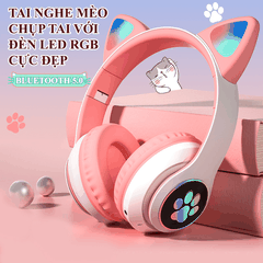 Tai nghe chụp tai kết nối Bluetooth YR-28 thiết kế tai mèo dễ thương có thể sử dụng thẻ nhớ kèm theo đèn led RGB cực đẹp