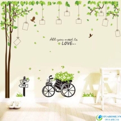 Decal dán tường Cây khung ảnh và xe đạp chở hoa