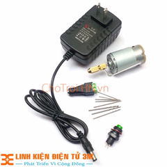 Khoan Mini Siêu Khỏe chế từ Động Cơ 335 và Phụ Kiện V2 ( 01 nguồn 12v-2a, 01 nối nguồn cái, 01 đề nhựa, 01 Đầu Kẹp 2315, Mũi khoan 0.8-1.0-1.2-1.5 mỗi loại 2 chiếc )