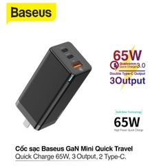 Củ sạc nhanh Baseus GaN2 Pro Quick Charger 65W ( 2 cổng Type C + 1 cổng USB , PD3.0/ PPS/ QC4.0/ SCP/ FCP Multi Quick Charge Protocol, GaN2 Technology)