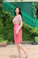 Váy công sở phối hoa nhí thời trang màu hồng EV01