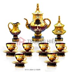BỘ BÌNH TRÀ THỦY TINH MÀU MẠ VÀNG ĐẮP NỔI HOA CỔ ĐIỂN