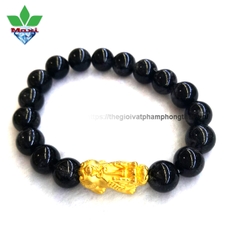 Vòng Tay Thạch Anh tóc đen, charm Tỳ Hưu Thiên Lộc vàng 24k