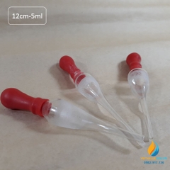 Pipet thủy tinh bầu nhỏ cho chai công tơ hút, núm cao su đỏ, mức hút 5ml