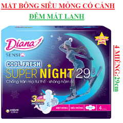 Băng vệ sinh đêm mặt bông siêu mỏng mát lạnh Diana  sensi cool fresh super night có cánh 4 miếng 29cm