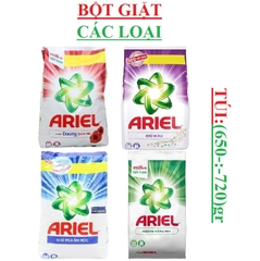 Bột giặt ariel đam mê, khử mùi ẩm mốc túi 650g; nắng mai, giữ mầu túi 720g