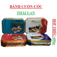 Bánh cuộn, cốc hỗn hợp dừa, socola, hạnh nhân, Kiwi  Premio hộp thiếc 400gr